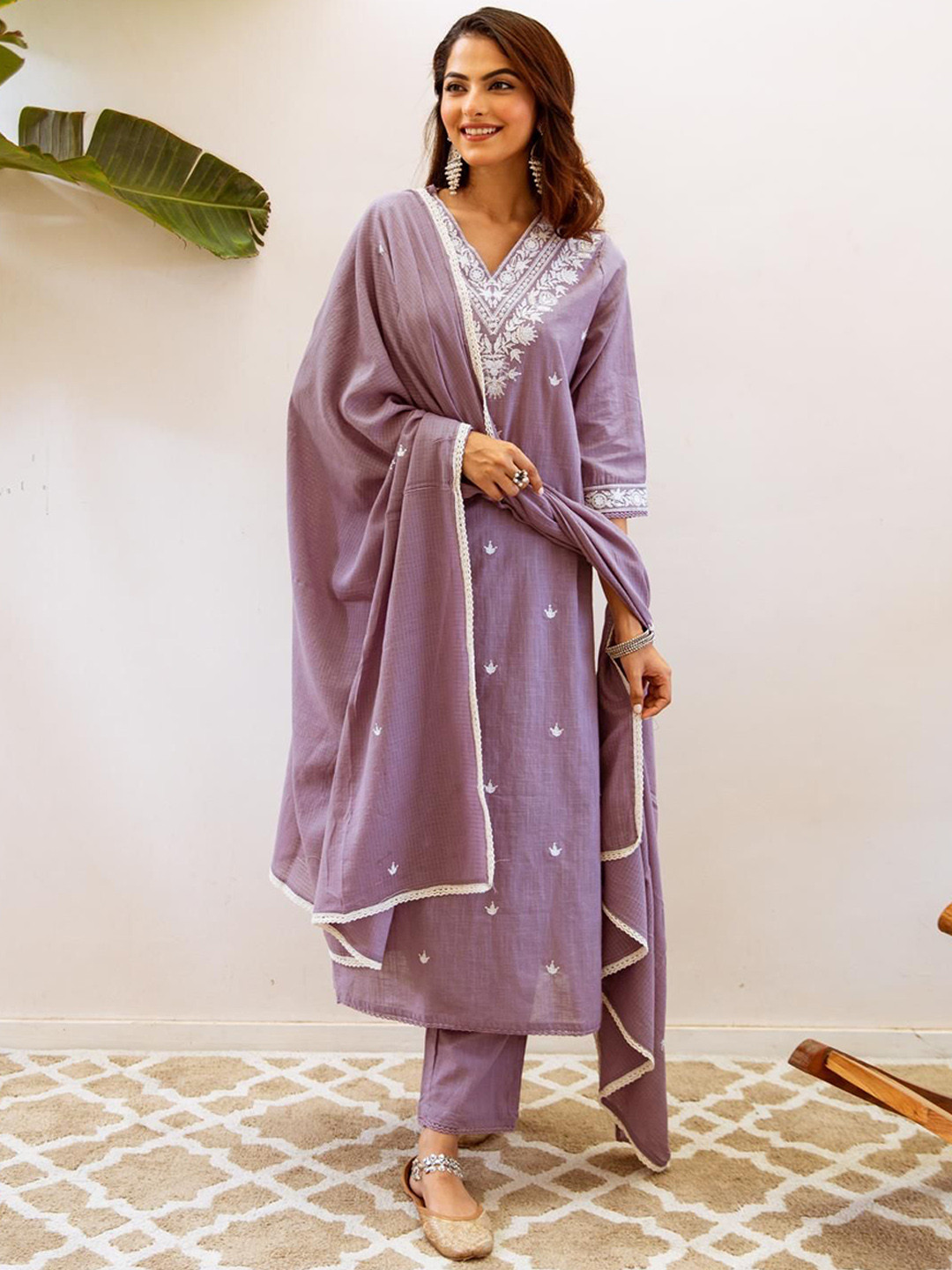 

Ishin Floral Embroidered Sequinned Pure Cotton Straight Kurta With Trousers & Dupatta, Purple