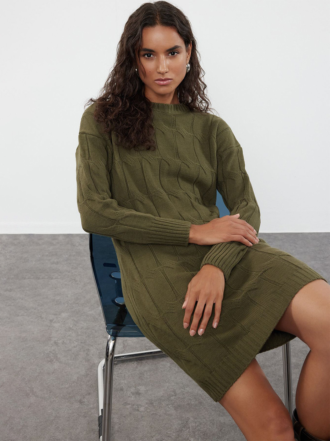 

Trendyol Women Long Sleeves Boat Neck A-Line Dress, Olive