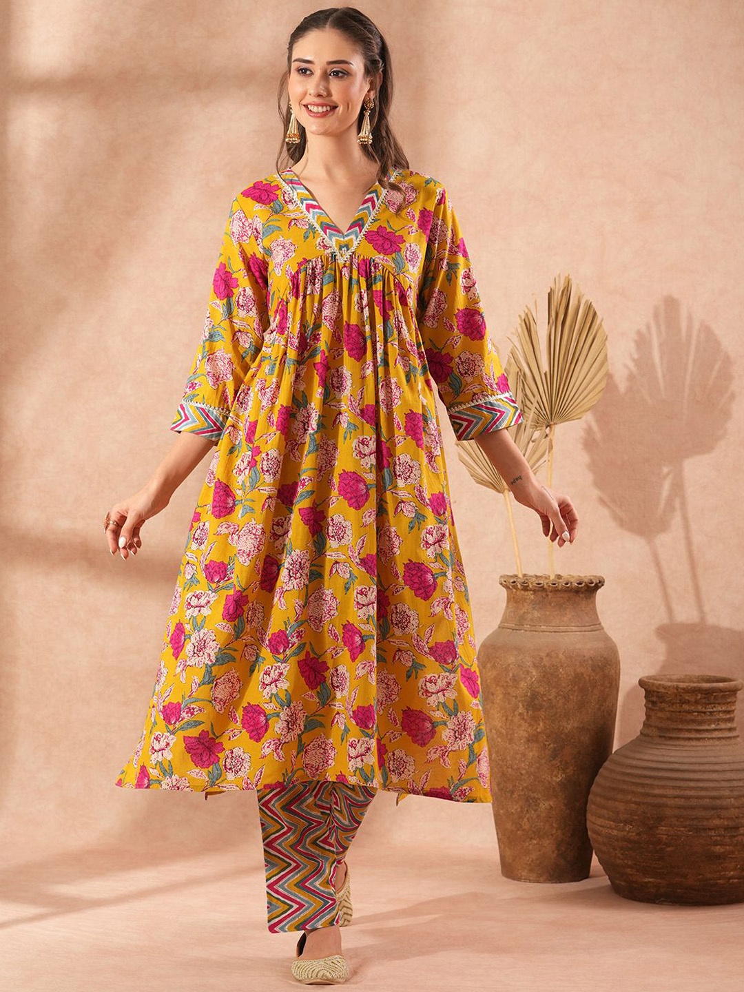 

FASHOR Ethnic Motifs Printed Pleated Pure Cotton Kurta with Trousers, Yellow