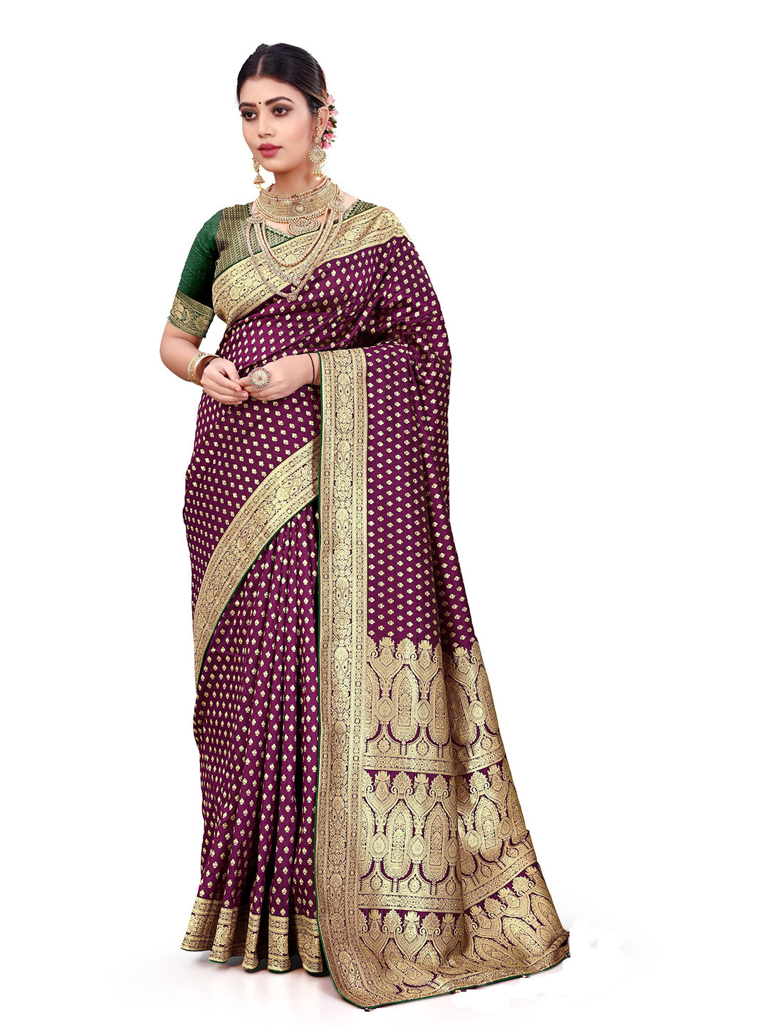 

LEAFFEB Zari Woven Pure Silk Banarasi Saree, Purple