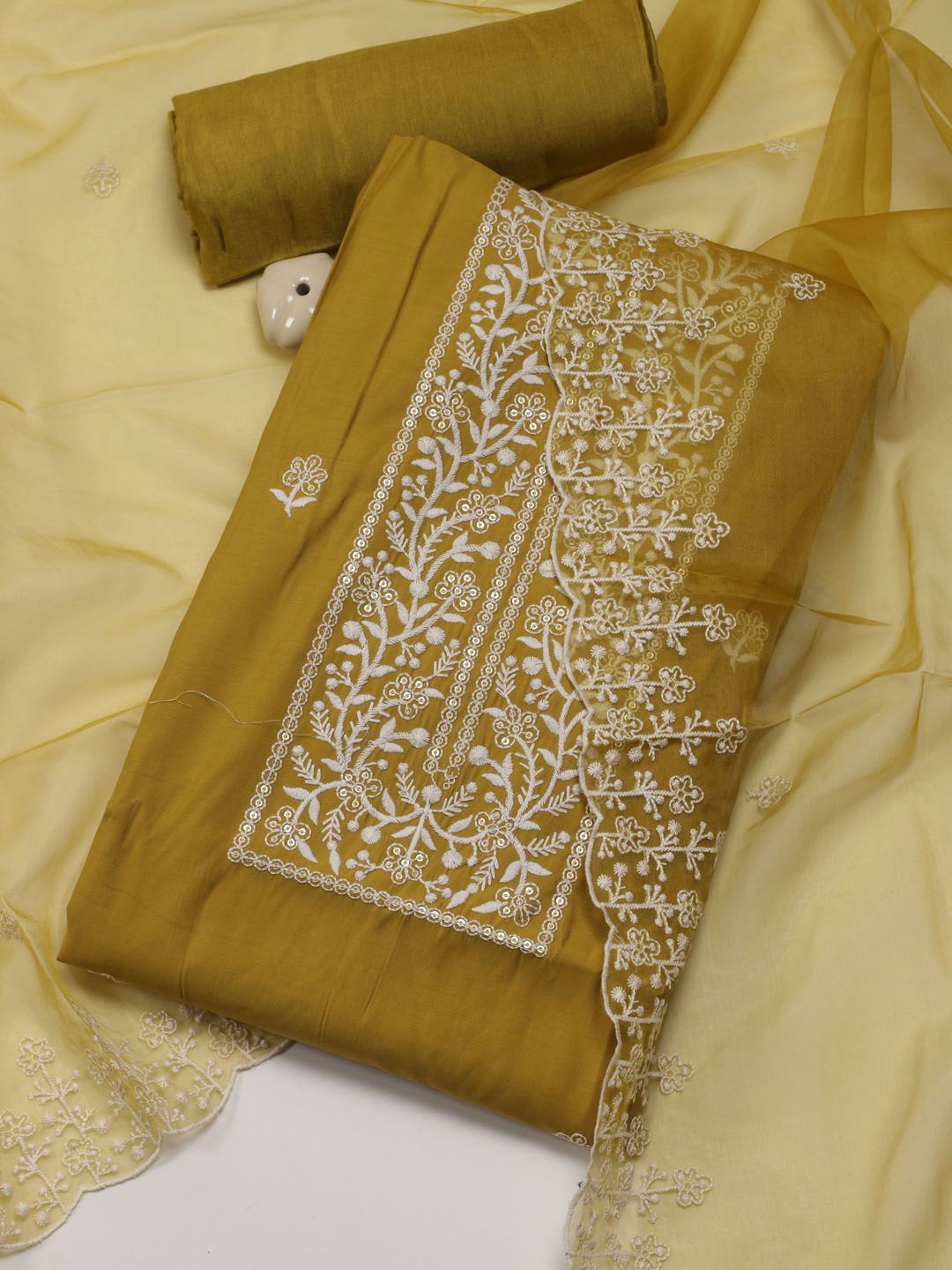 

Meena Bazaar Floral Embroidered Sequinned Unstitched Dress Material, Mustard