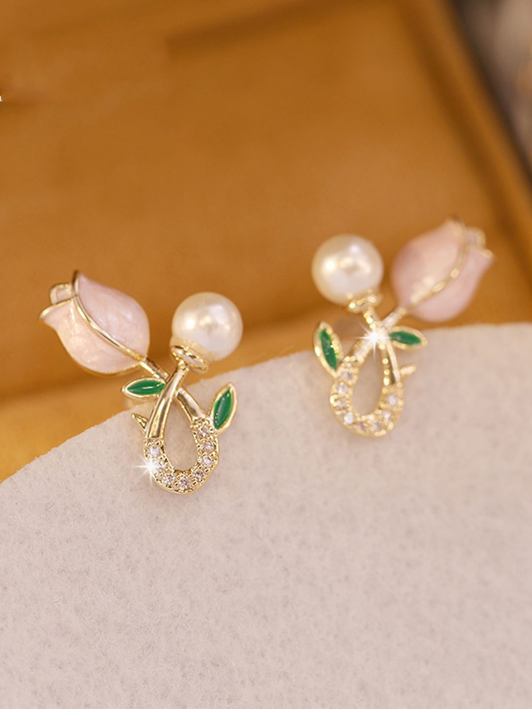 

KRENOZ Stone Studded Stainless Steel Flower Studs Earrings, Pink