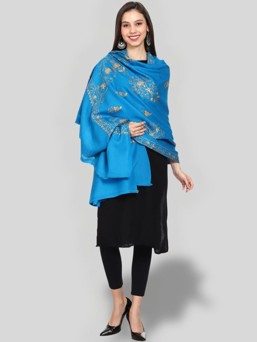 

SWI Stylish Floral Embroidered Pure Woollen Shawl, Blue