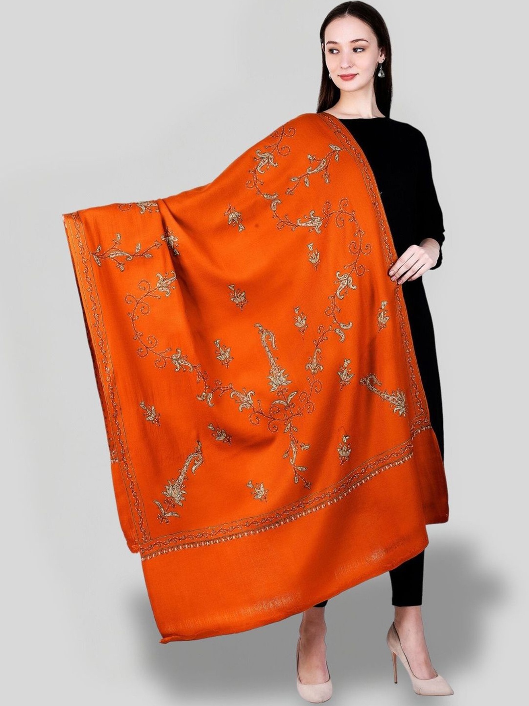 

SWI Stylish Paisley Embroidered Woollen Shawl, Rust