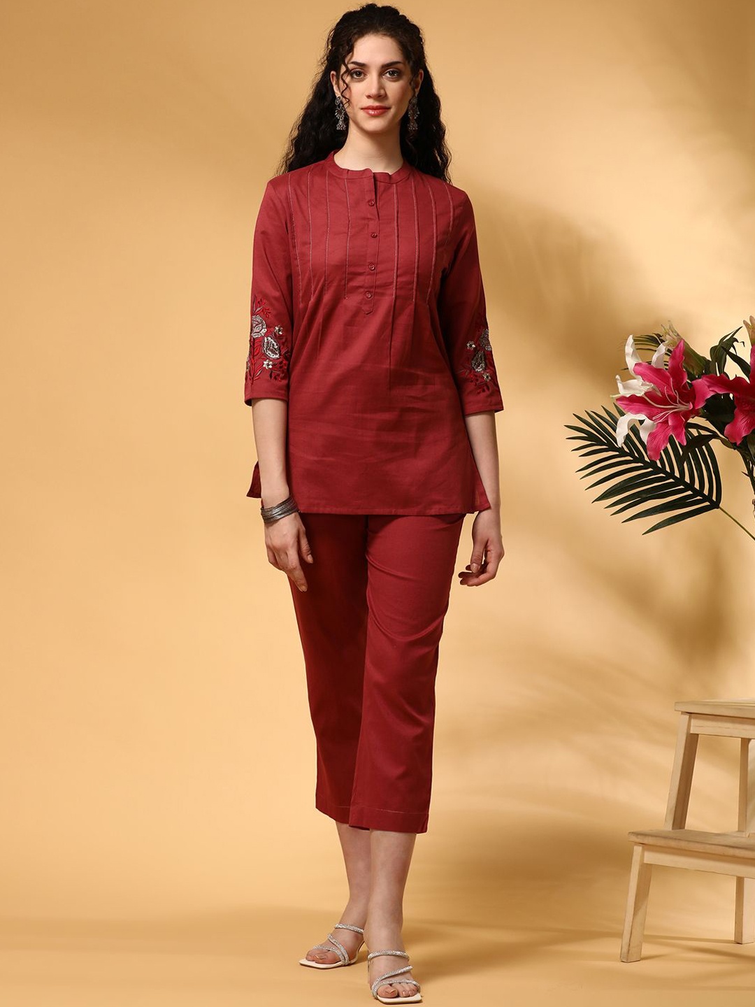 

Anouk Maroon Mandarin Collar Pure Cotton Top With Trousers