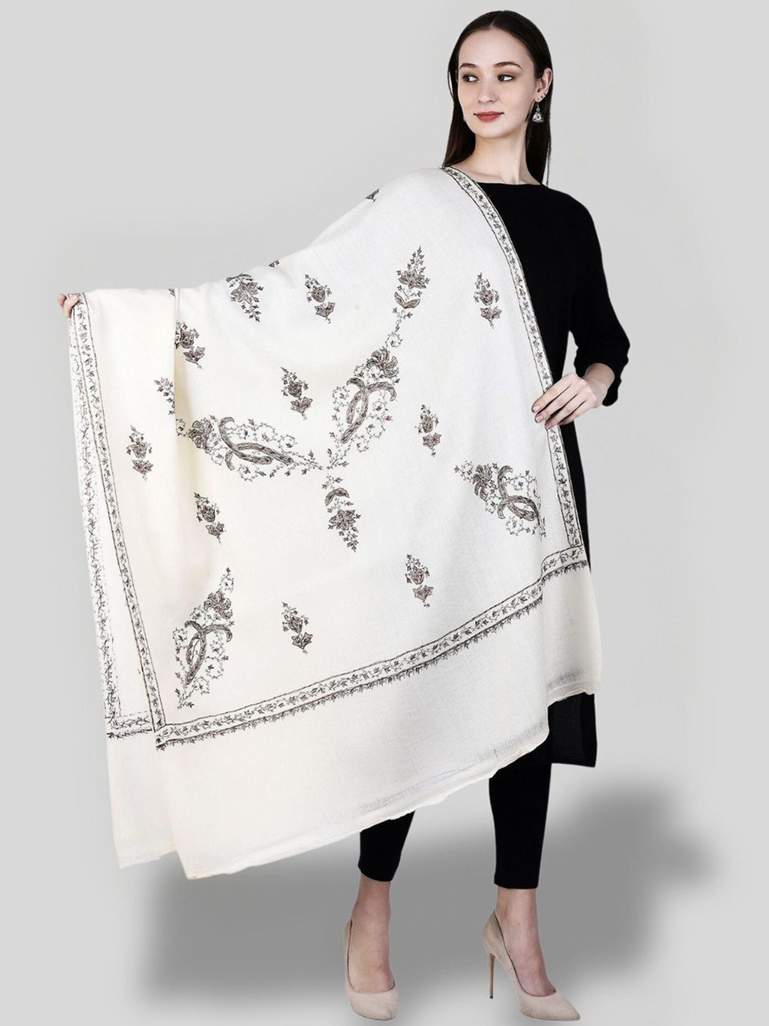 

SWI Stylish Floral Embroidered Pure Woollen Shawl, White