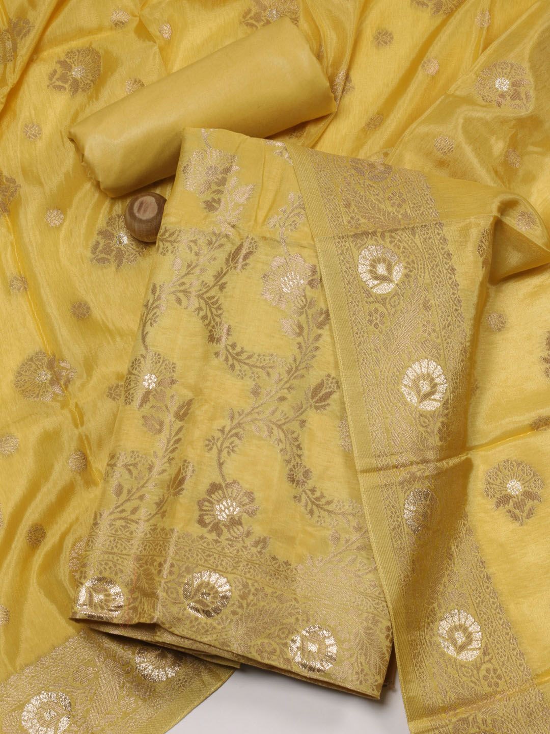 

Meena Bazaar Floral Woven Design Zari Unstitched Dress Material, Yellow