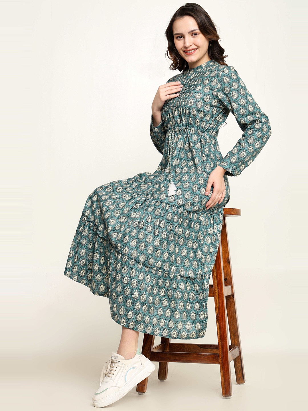 

Mollar Women Floral Printed Mandarin Collar A-Line Maxi Dress, Green
