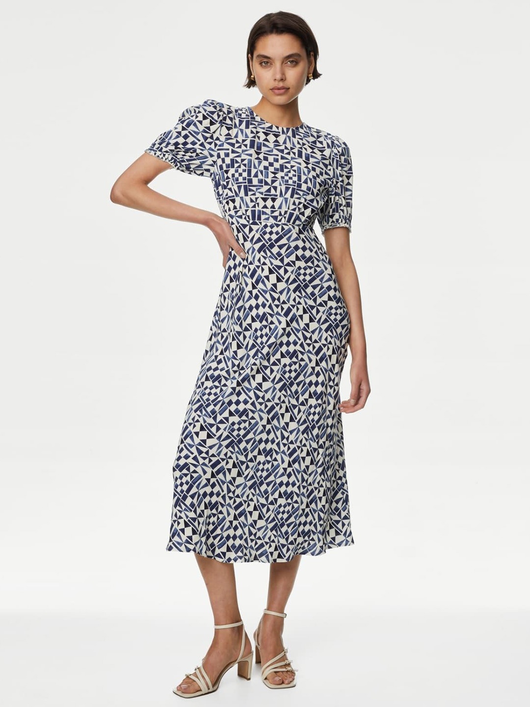 

Marks & Spencer Geomatric Printed Puff Sleeve A-Line Midi Dress, Blue