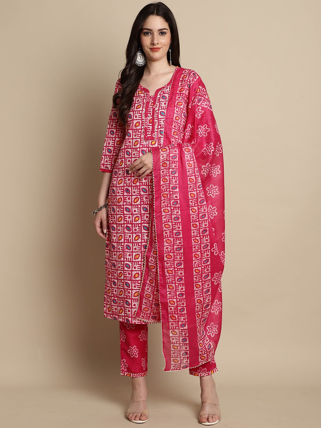 

KALINI Geometric Printed Regular Straight Kurta with Trousers & Dupatta, Pink