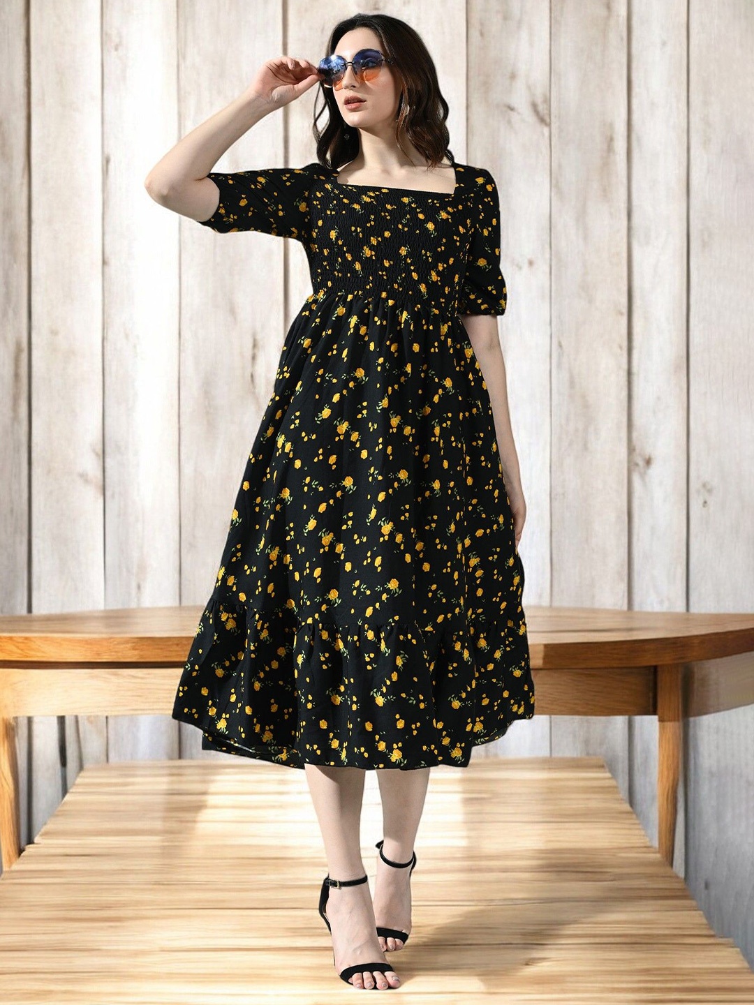 

BAESD Floral Print Puff Sleeve Crepe Fit & Flare Midi Dress, Black