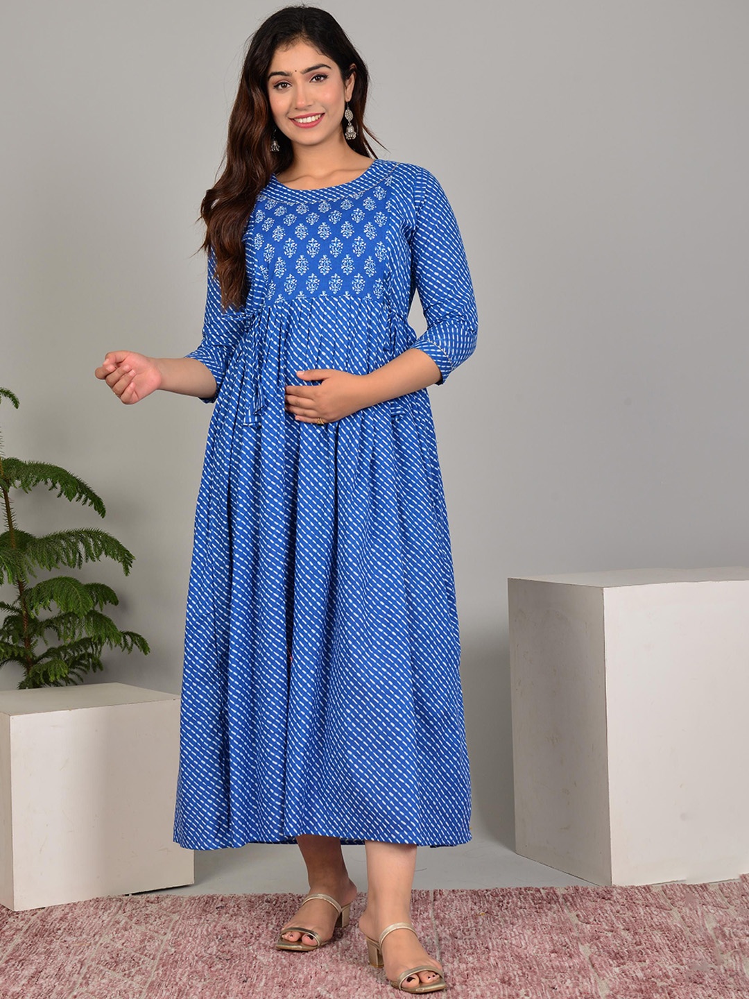 

MURLI KURTI Floral Printed Gathered or Pleated Cotton A-Line Ethnic Dress, Blue