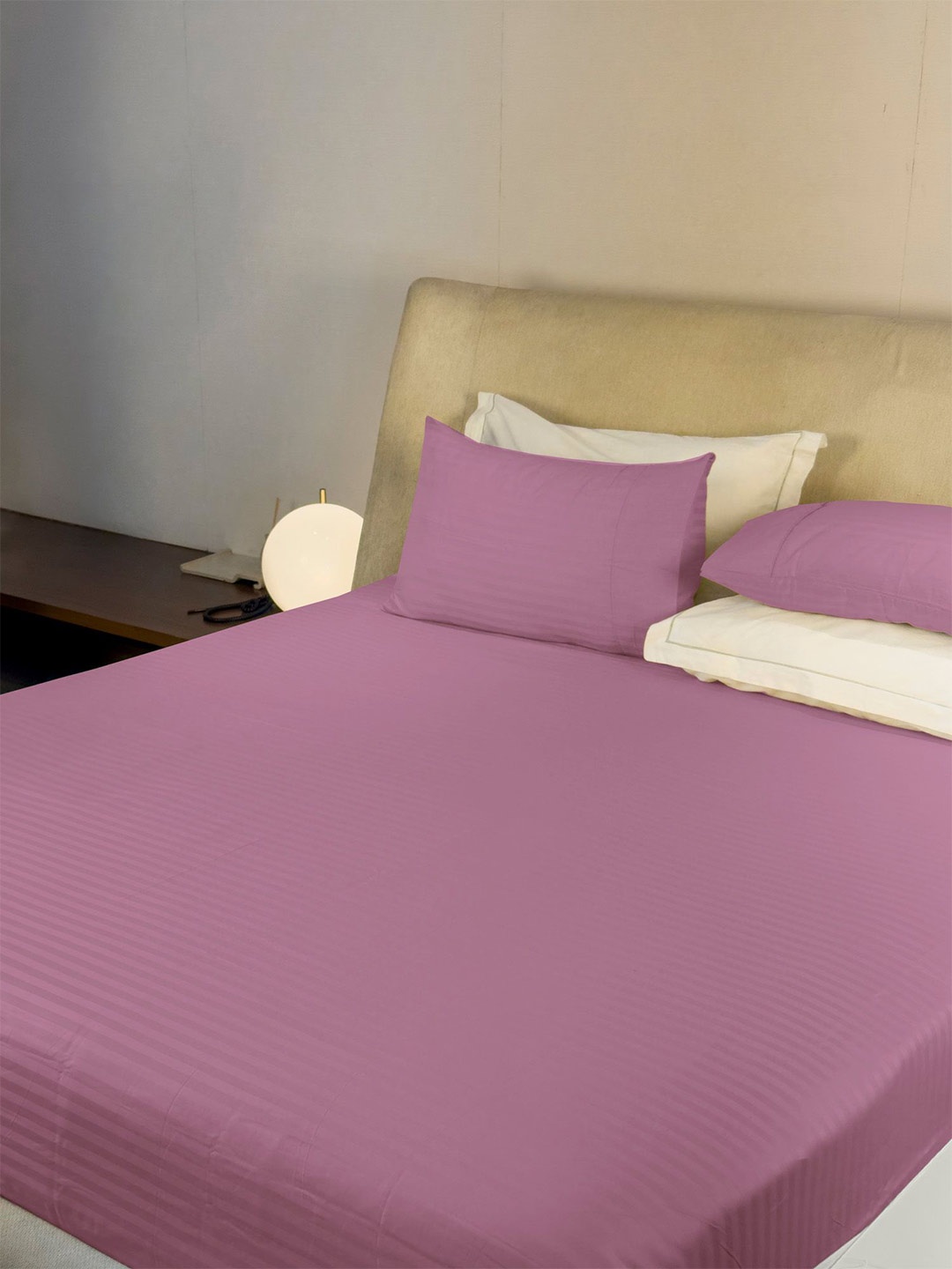 

LABHAM Purple Striped 210 TC Satin King Bedsheet with 2 Pillow Covers