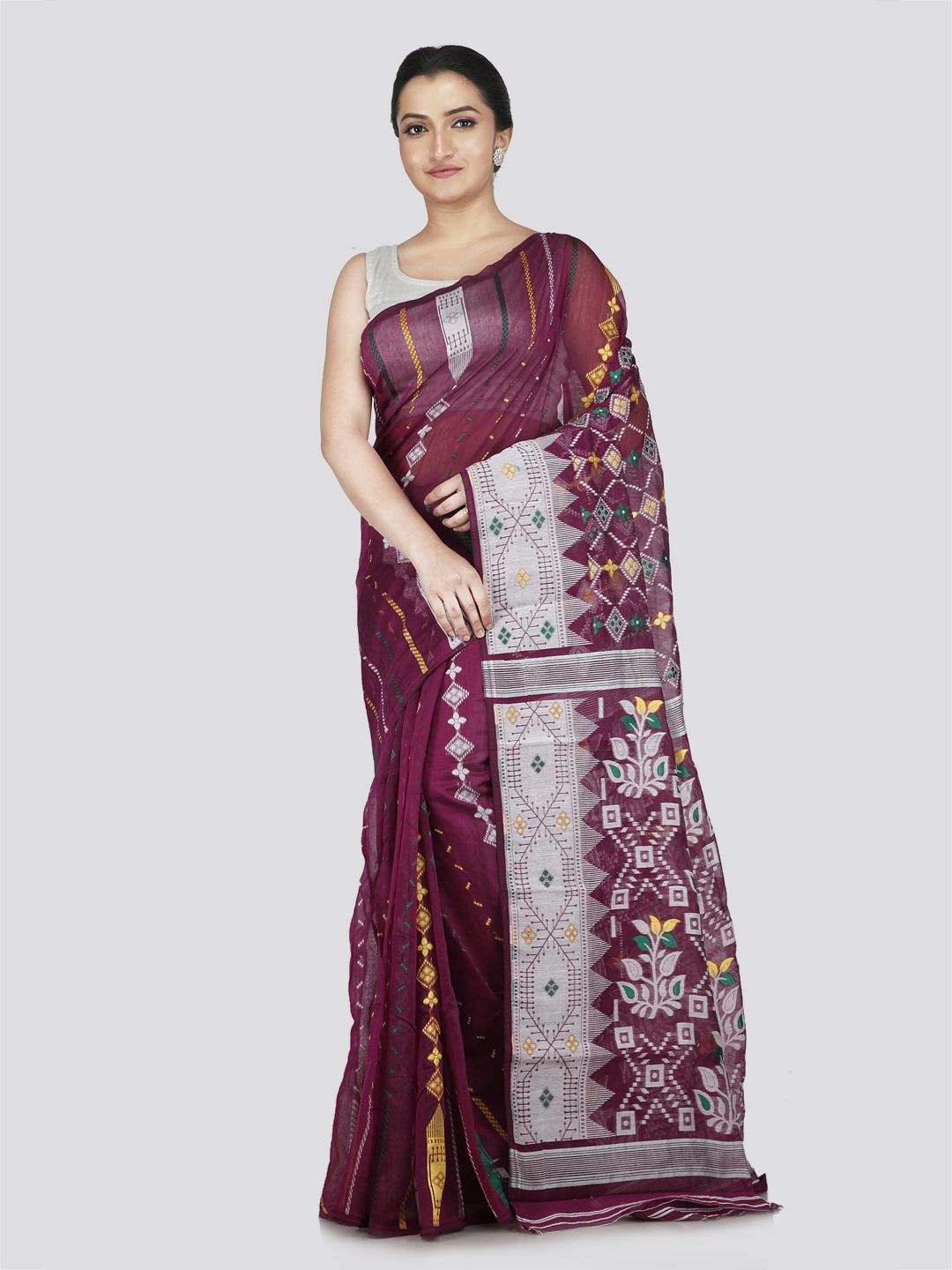 

PinkLoom Floral Pure Cotton Jamdani Saree, Red