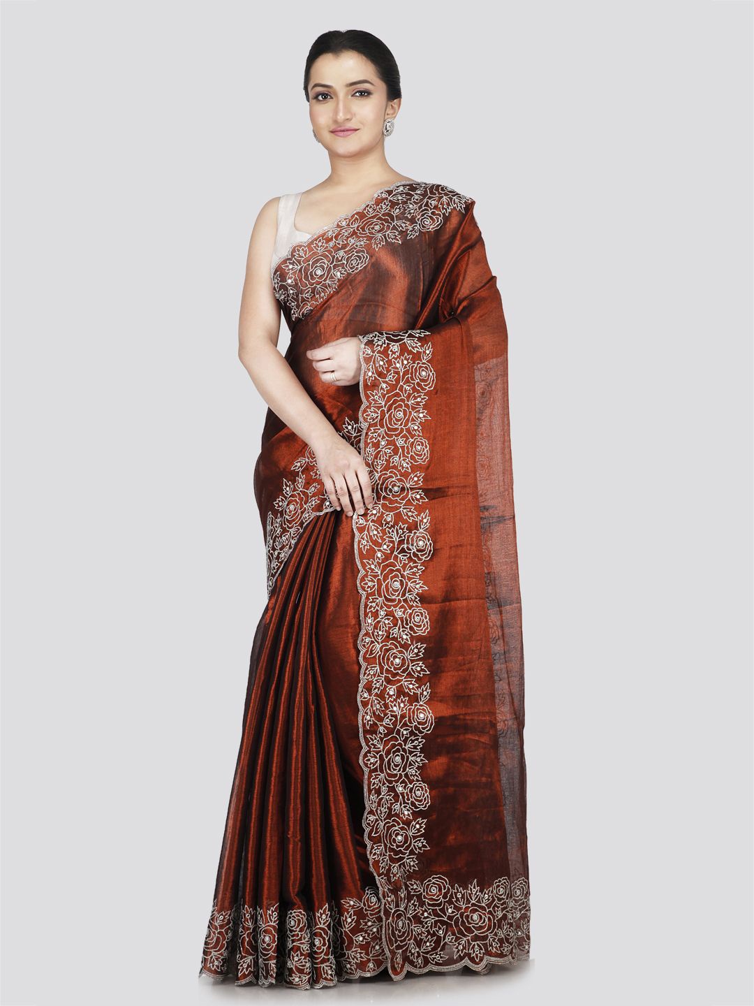 

PinkLoom Floral Embroidered Silk Blend Saree, Rust