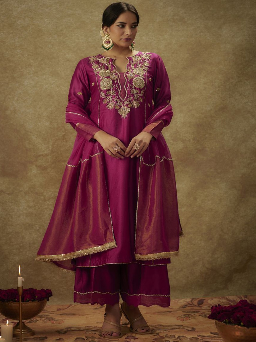 

The Aarya Floral Embroidered Regular Zari Chanderi Silk Kurta With Palazzos & Dupatta, Magenta