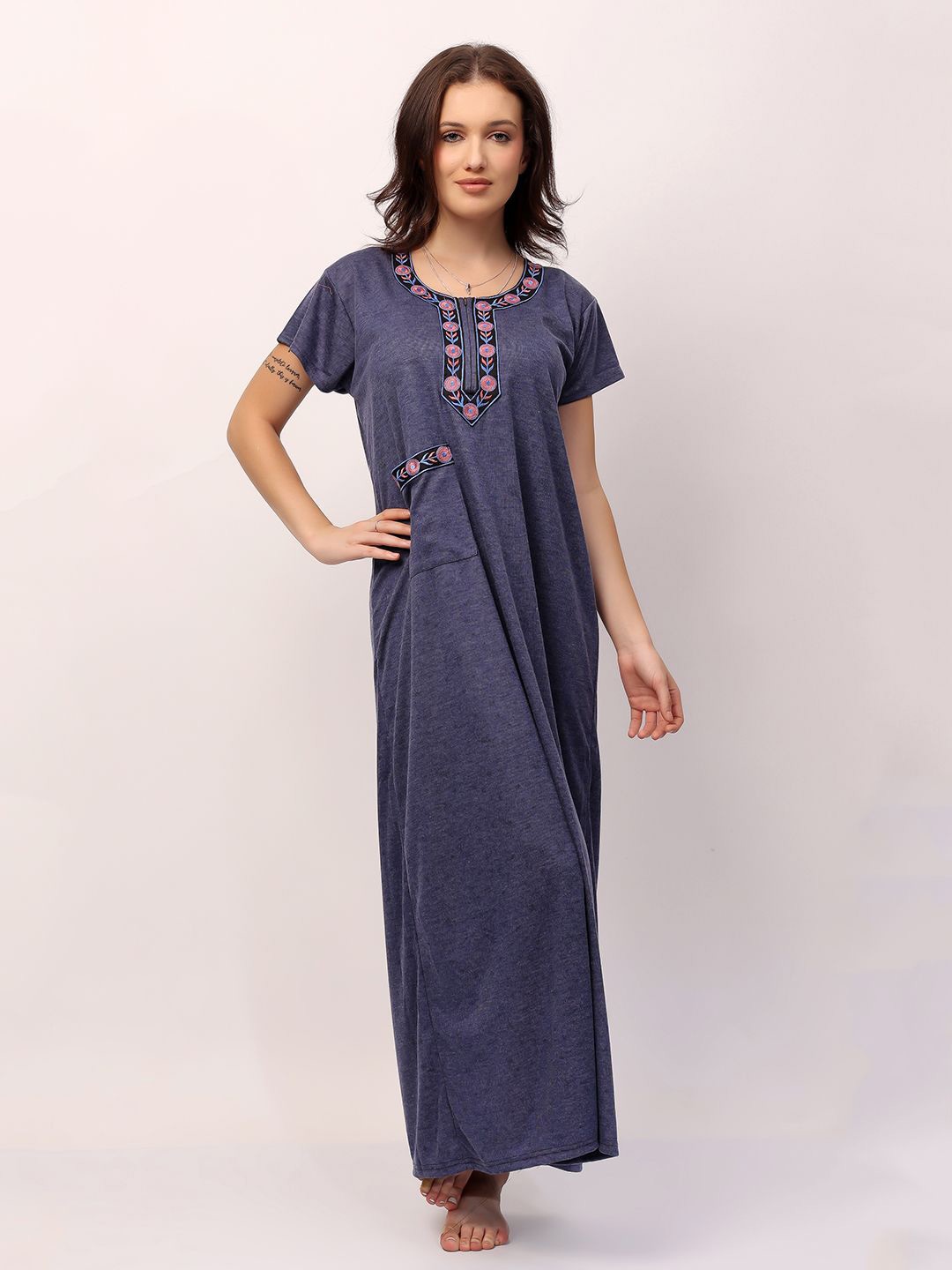 

NIGHT KEYS Embroidered Maxi Nightdress, Navy blue
