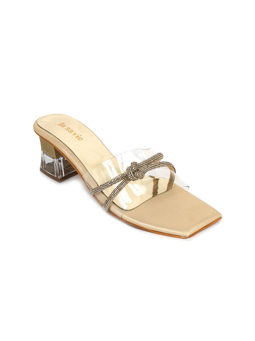 

LA SAVIE Embellished PU Block Sandals, Gold