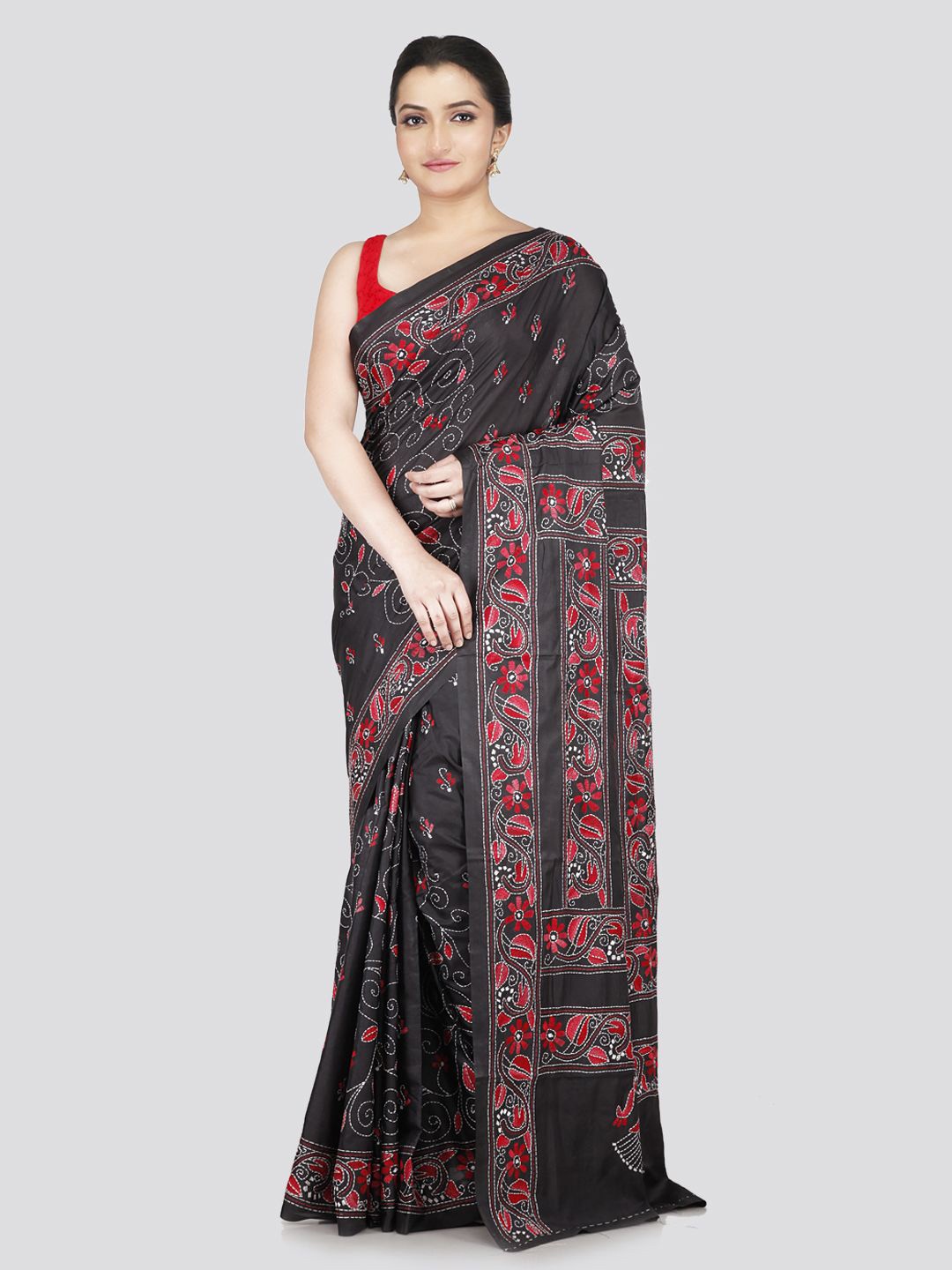 

PinkLoom Floral Kantha Work Pure Silk Saree, Black