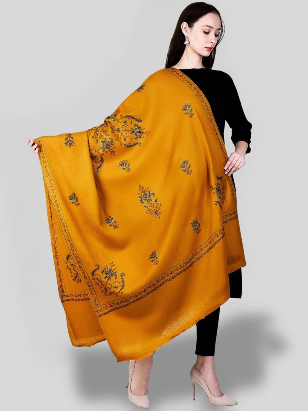 

SWI Stylish Floral Embroidered Pure Woollen Shawl, Mustard