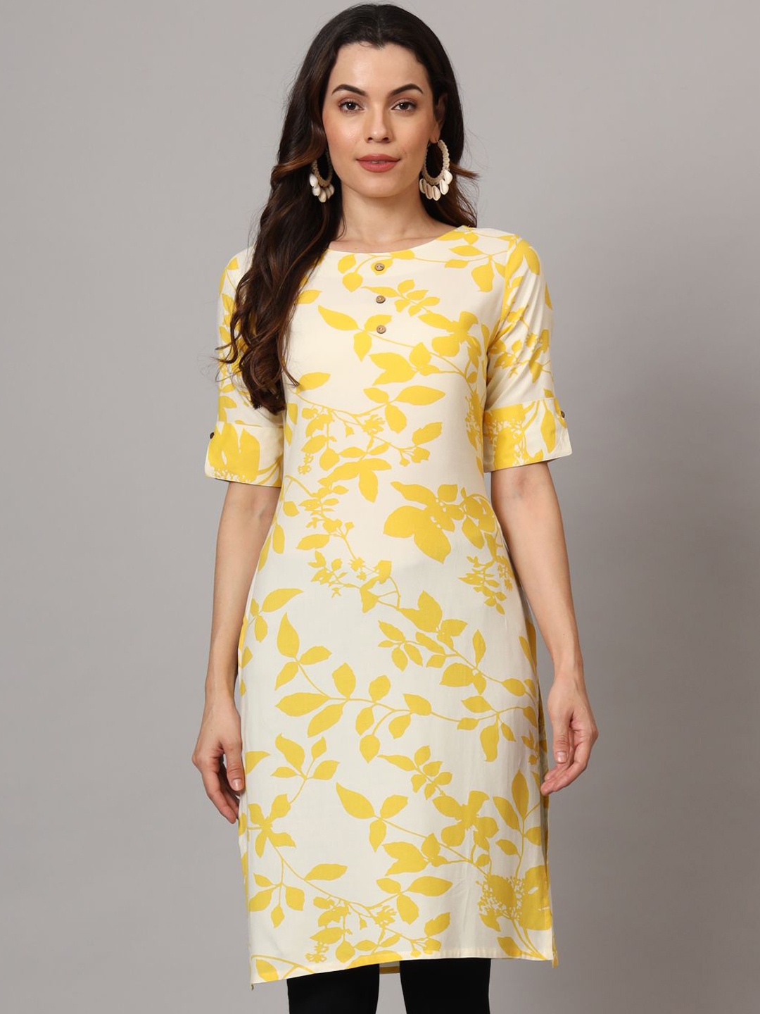 

Anouk Rustic Floral Printed Round Neck Roll Up Sleeves Straight Kurta, Off white