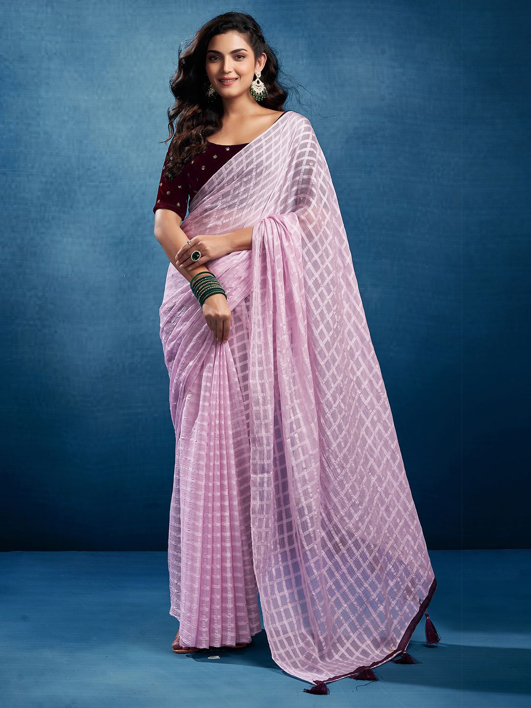 

Mitera Checked Pure Chiffon Designer Saree, Pink