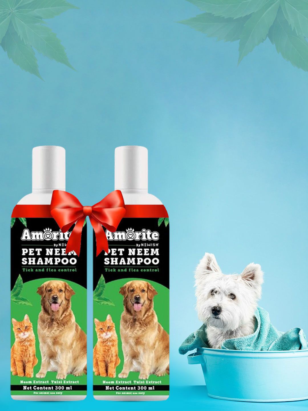 

AMORITE Set of 2 Anti-Bacterial and Anti-iching Pet Shampoo with Neem and Tulsi -300ml each, Green