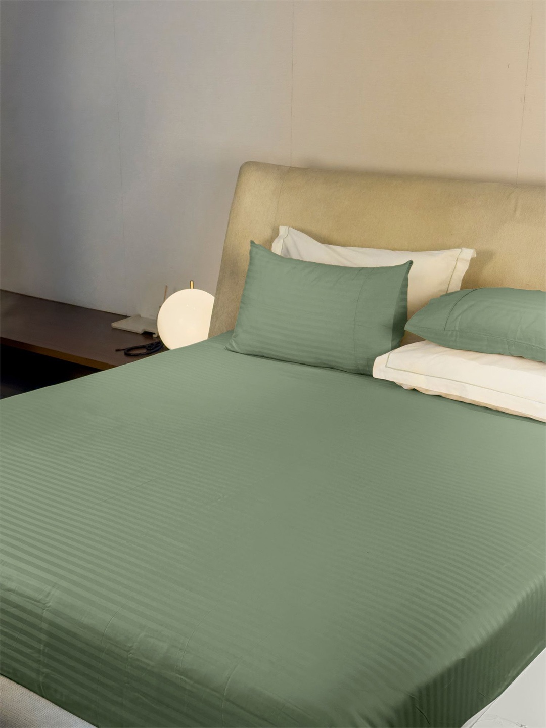 

LABHAM Green Striped Cotton 210 TC King Bedsheet With 2 Pillow Covers