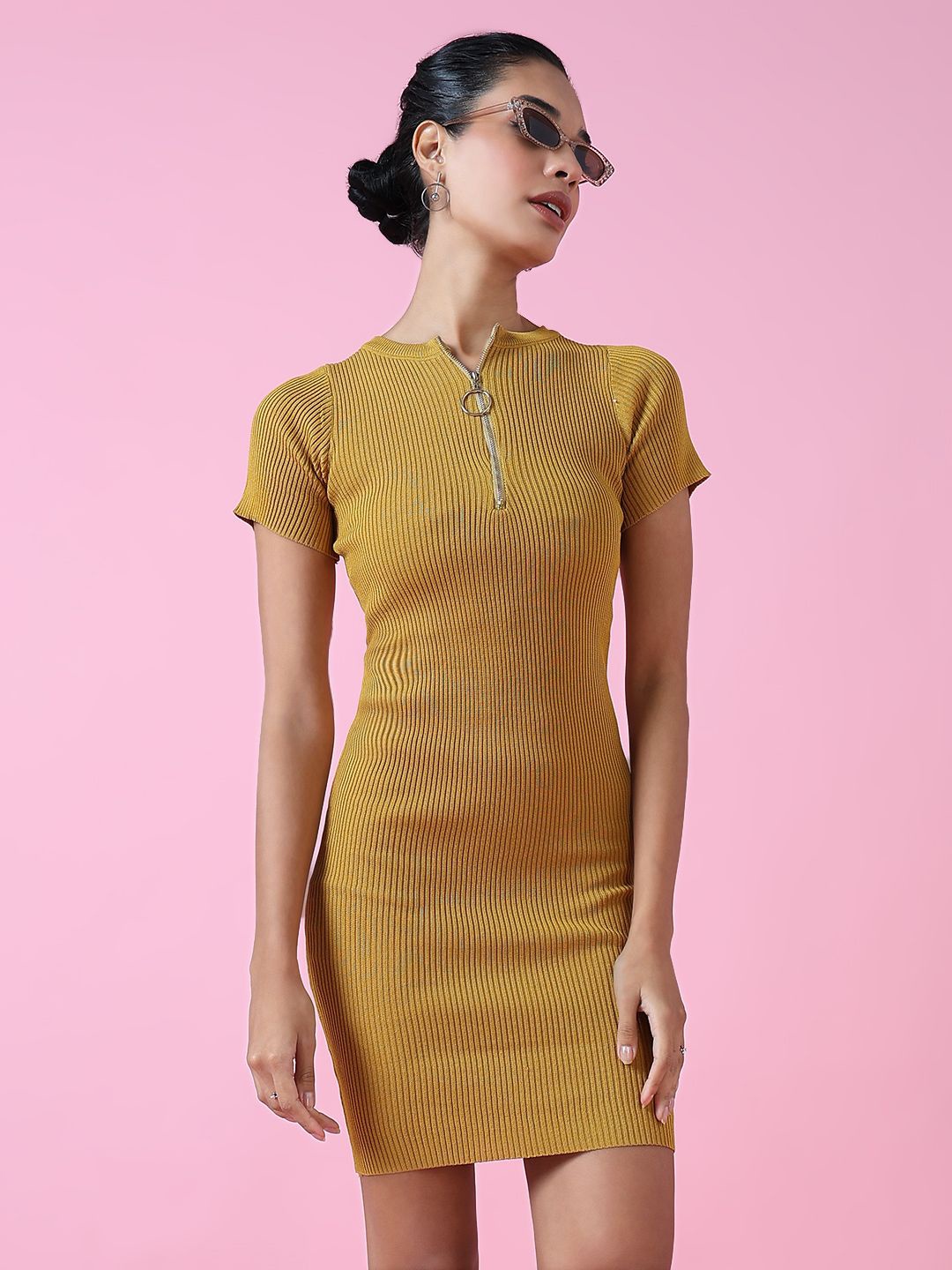 

SHOWOFF Women Round Neck Solid Bodycon Dress, Mustard
