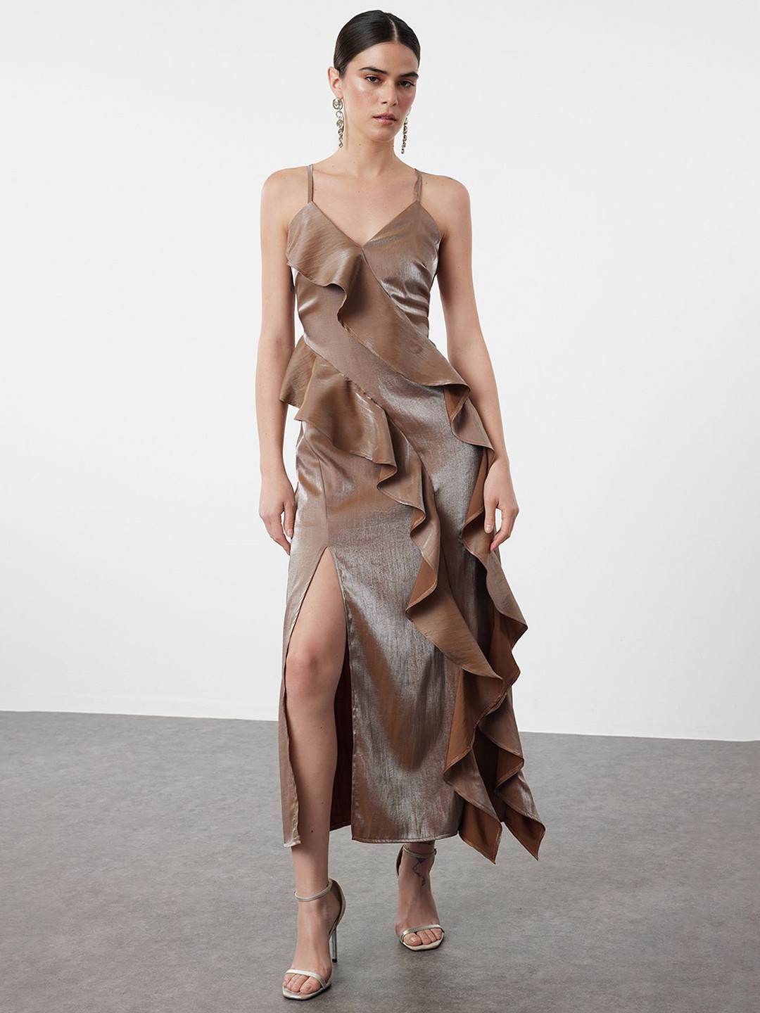 

Trendyol Shoulder Straps Front slit Ruffles Midi Dress, Metallic