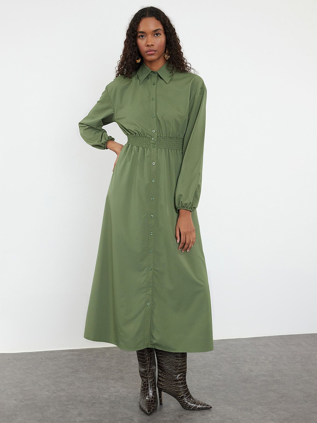 

Trendyol Shirt Long Puffed Sleeves Midi Dress, Green