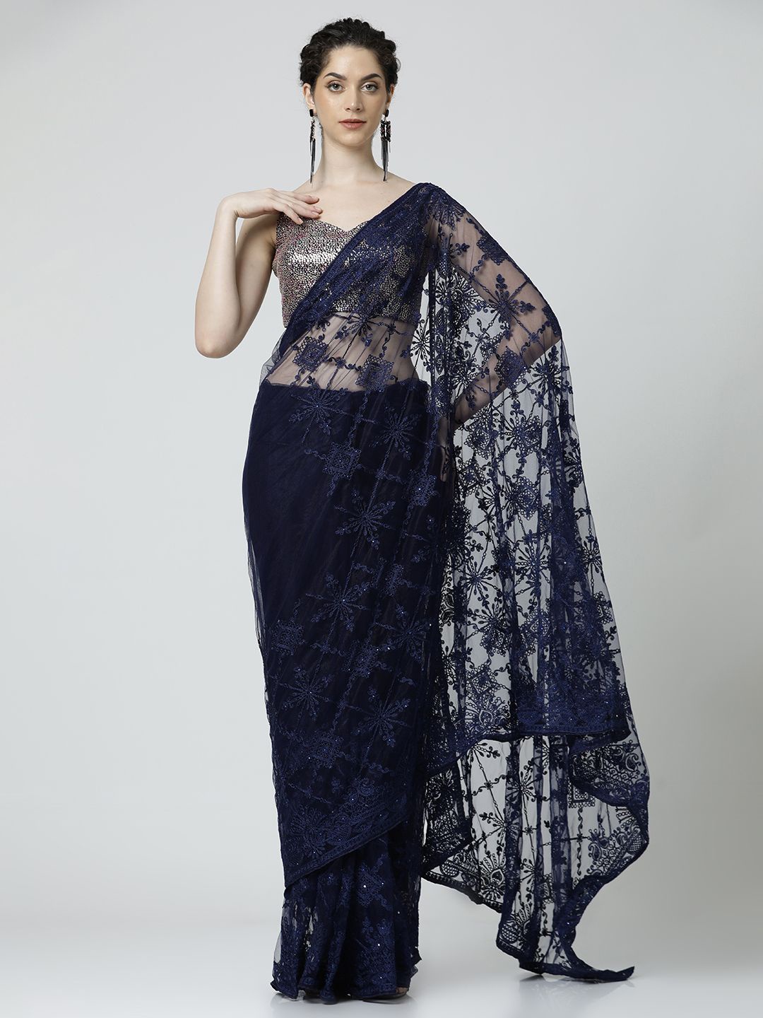 

Jaipur Kurti Ethnic Motifs Beads and Stones Net Saree, Navy blue