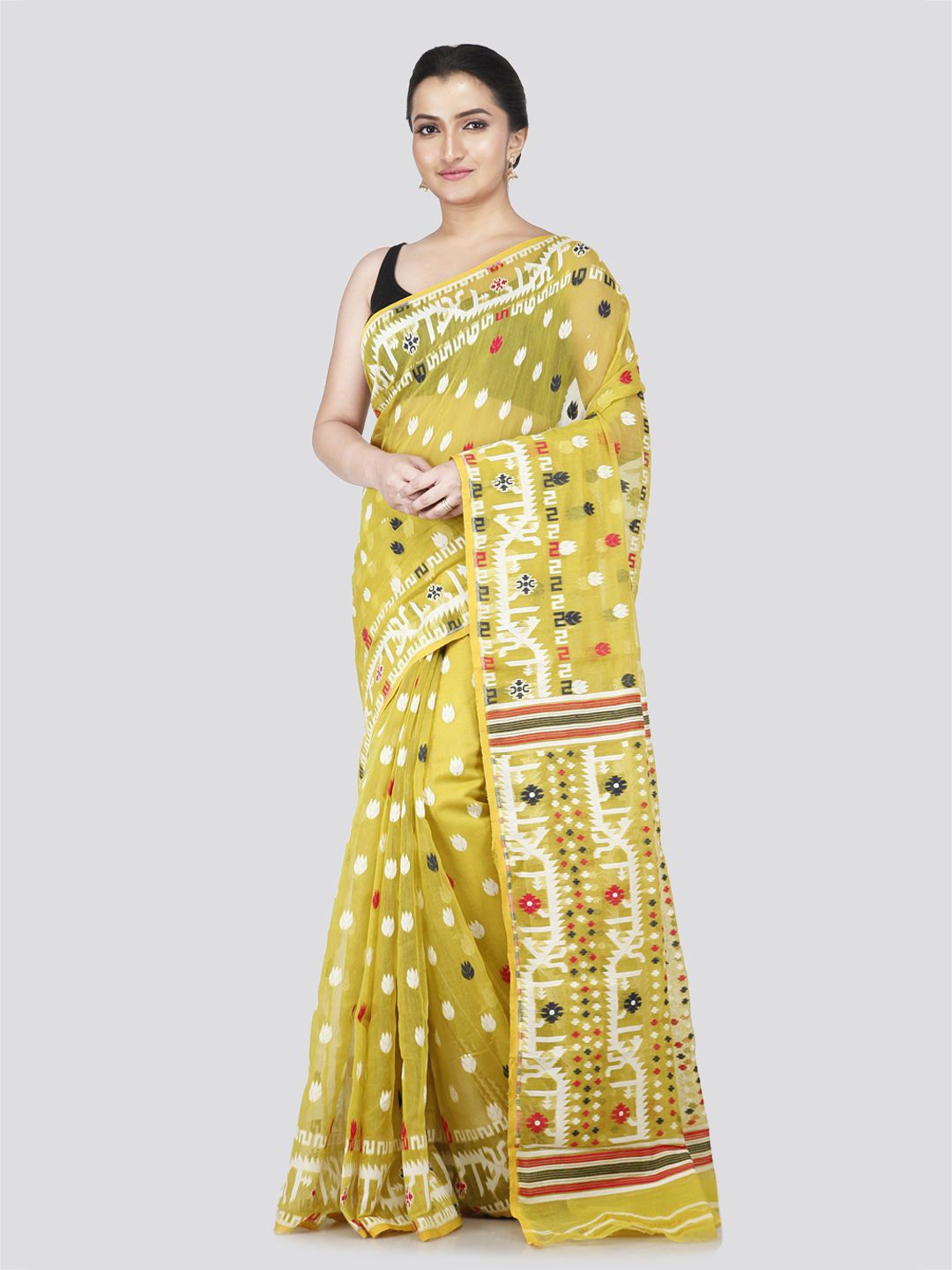 

PinkLoom Floral Pure Cotton Jamdani Saree, Yellow