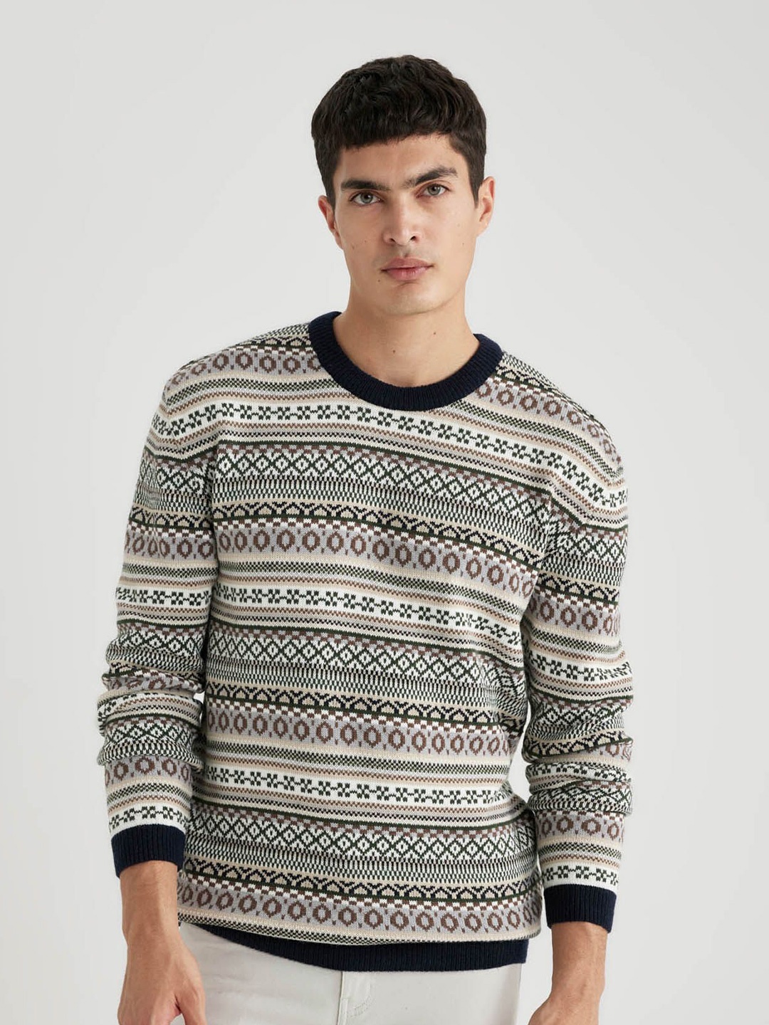 

DeFacto Men Striped Pullover, Grey