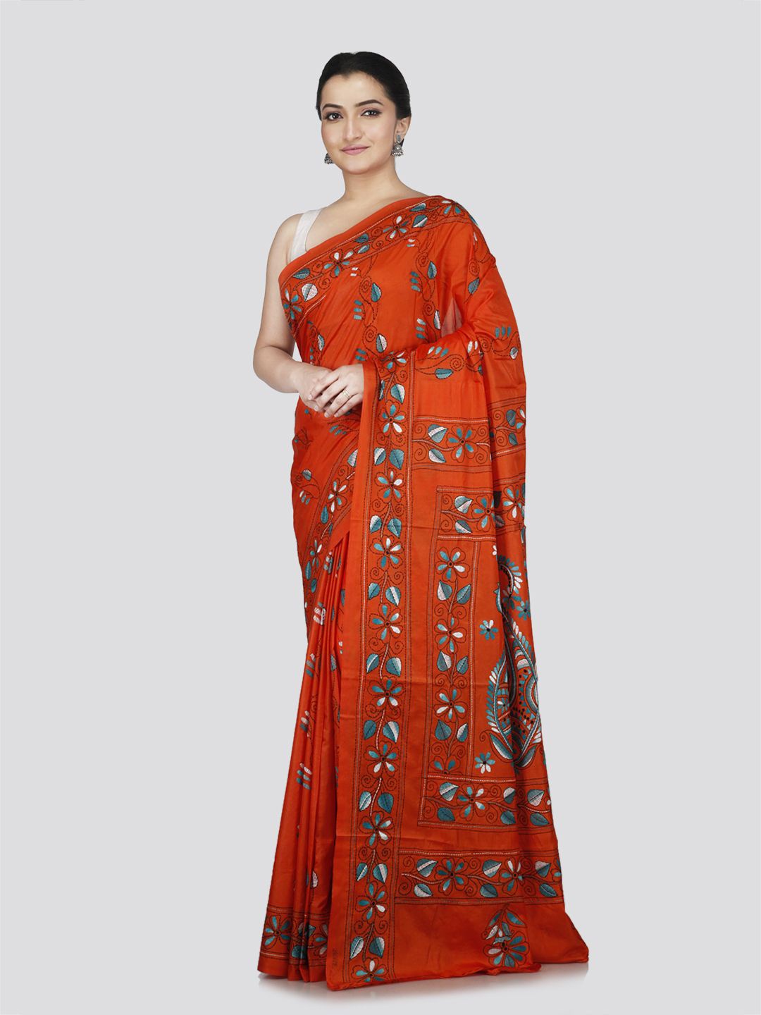 

PinkLoom Floral Kantha Work Pure Silk Saree, Orange