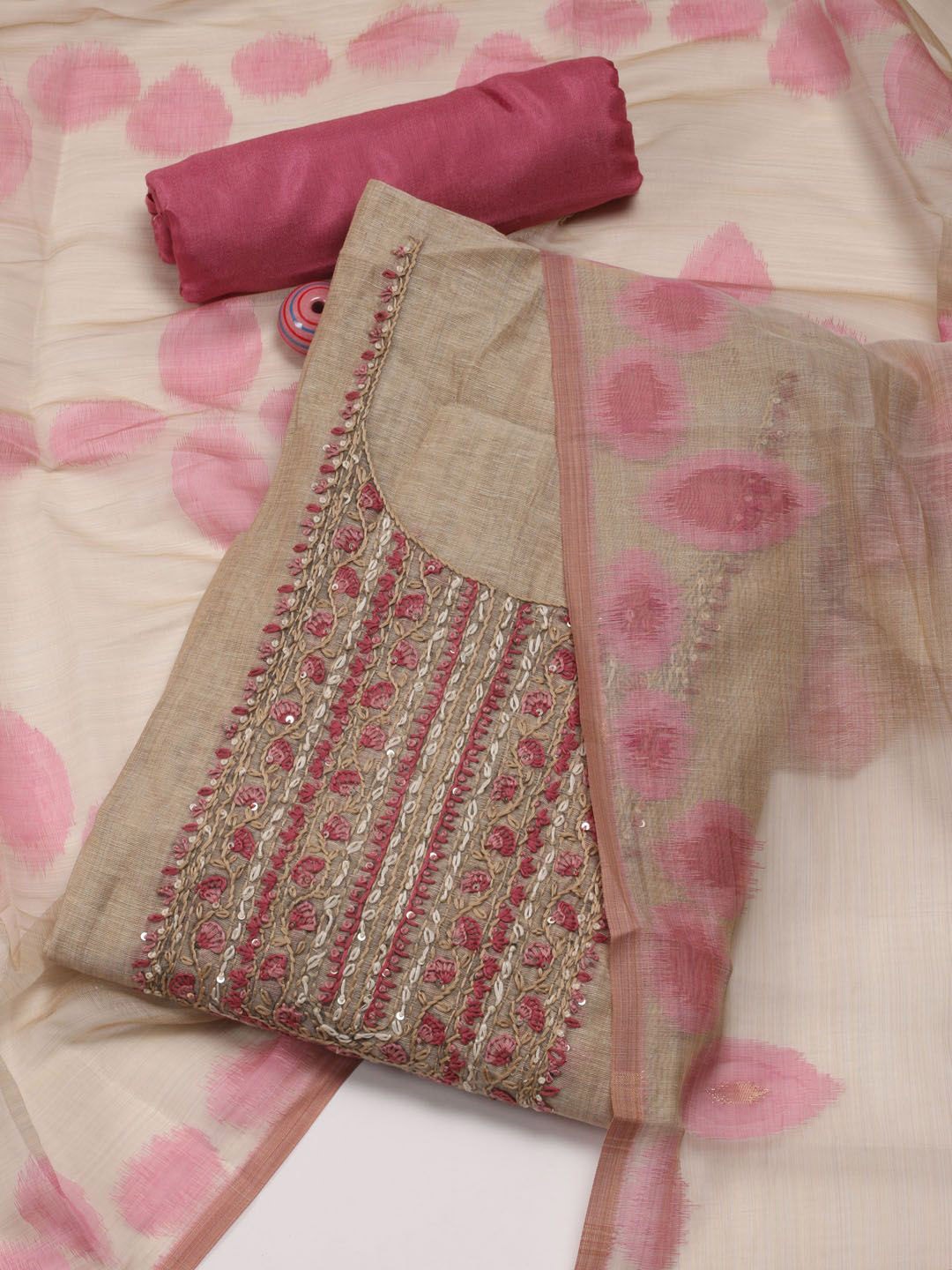 

Meena Bazaar Floral Embroidered Sequinned Unstitched Dress Material, Beige