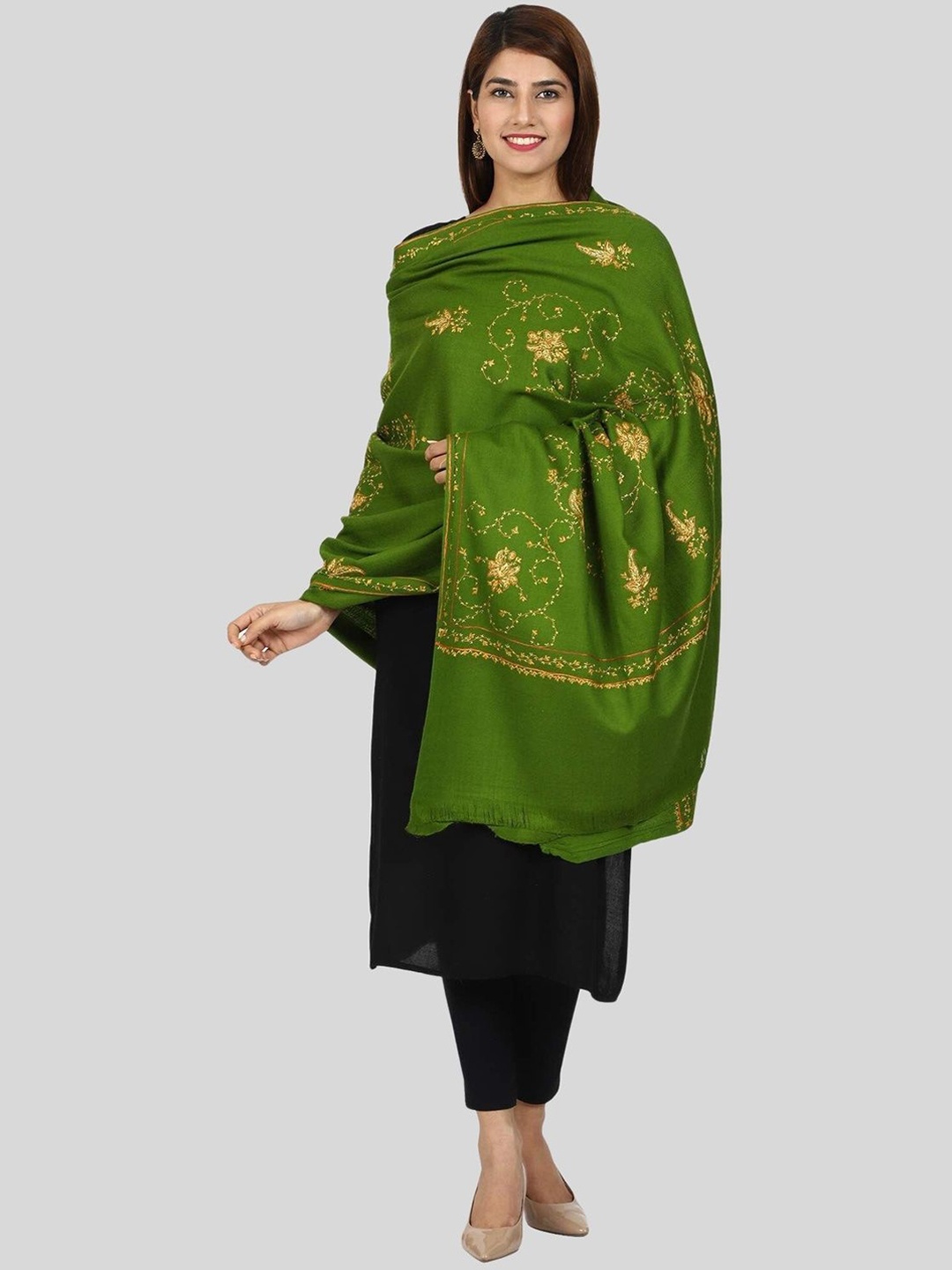 

SWI Stylish Floral Embroidered Pure Woollen Shawl, Green