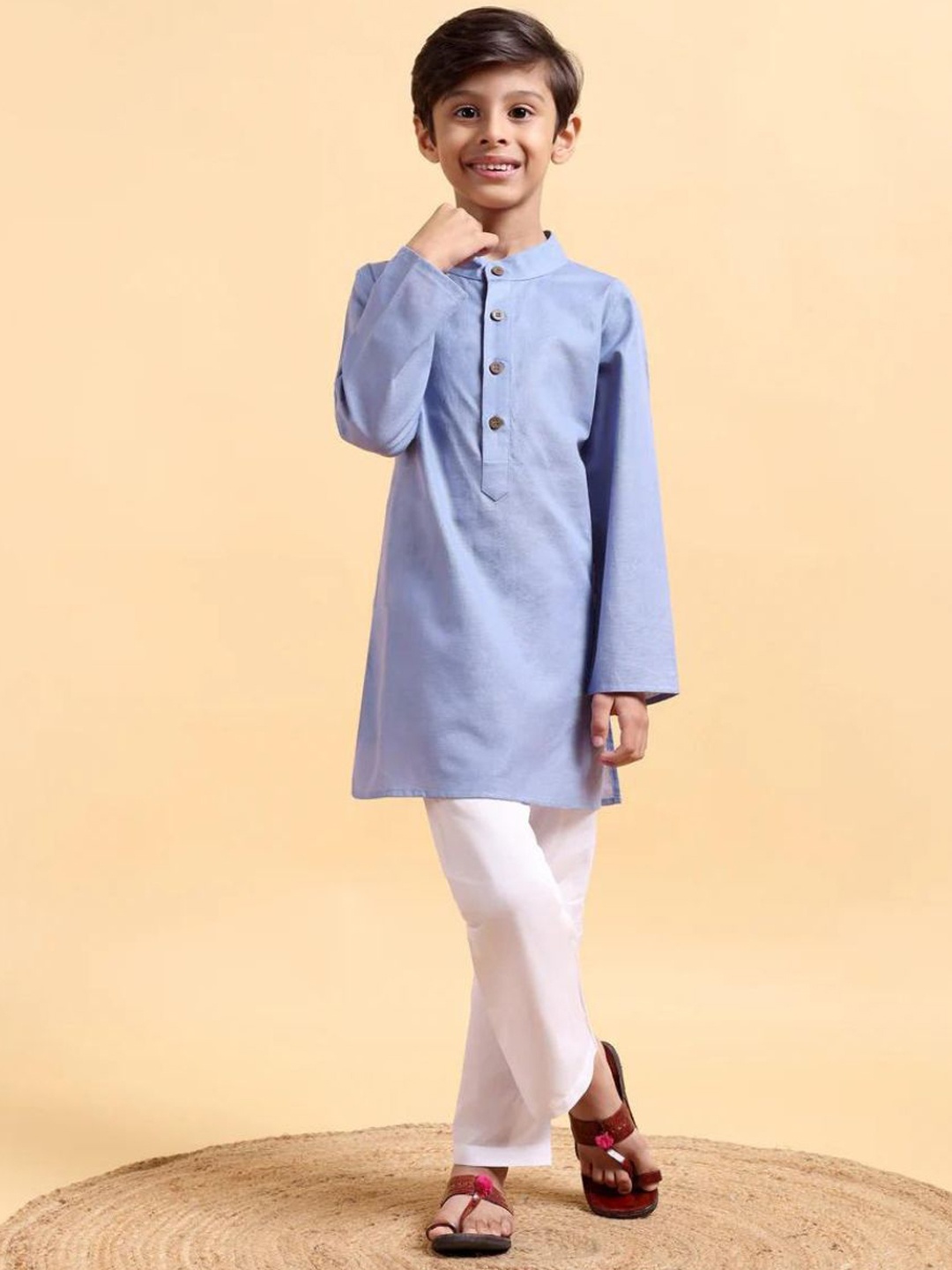 

Mera Rang Boys Band Collar Cotton Linen Straight Kurta With Pyjama, Blue