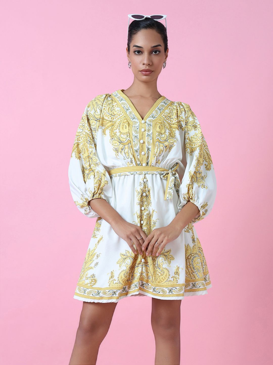 

SHOWOFF Ethnic Motifs Print Puff Sleeve Chiffon Fit & Flare Mini Dress, Yellow