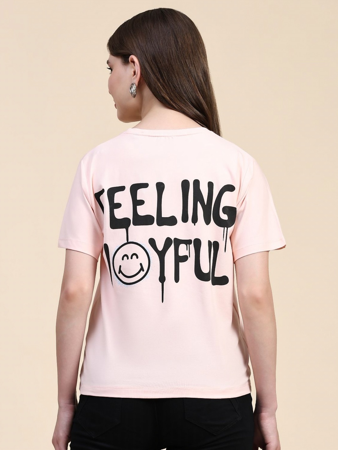 

AECK Women Typography Printed Round Neck Cotton T-shirt, Peach