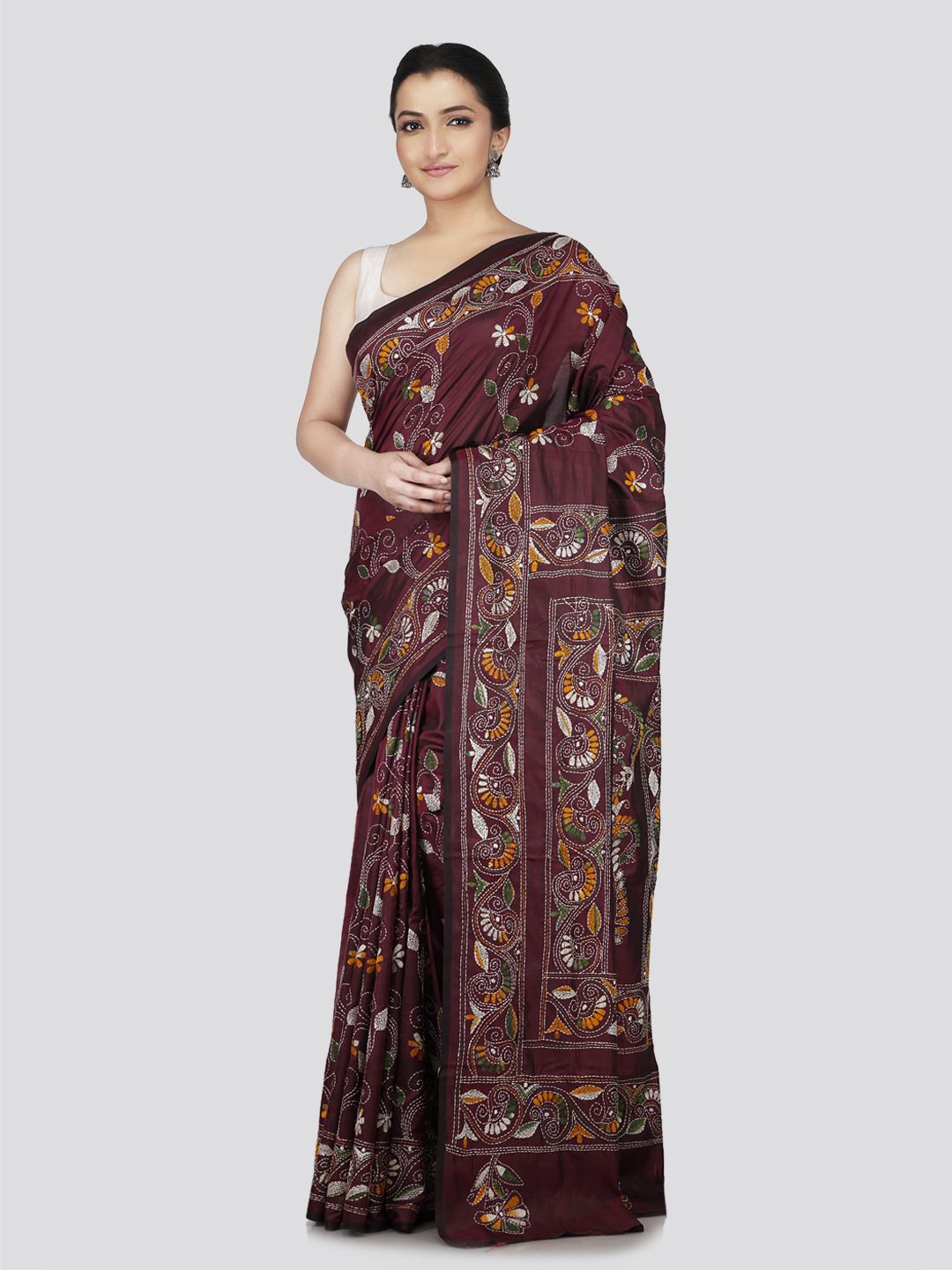 

PinkLoom Ethnic Motifs Kantha Work Pure Silk Heavy Work Saree, Maroon