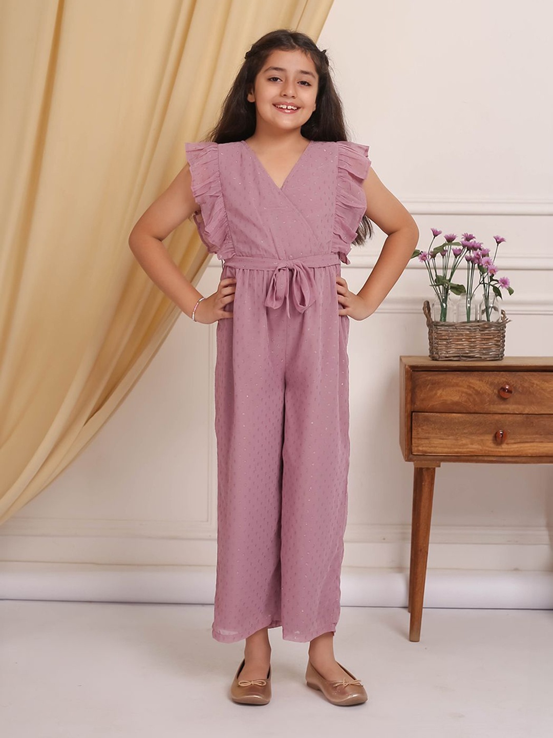 

Budding Bees Girls Basic Solid Frill Sleeve Full Jumpsuit, Purple