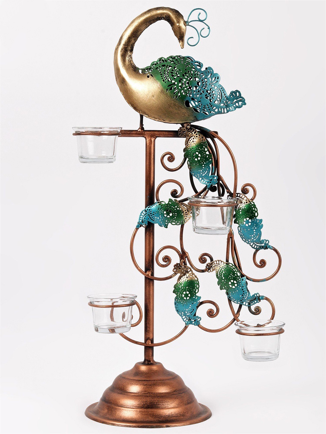 

Exotic India 22'' Four Wicks Peacock Iron Candle Stand - Home Decor, Blue