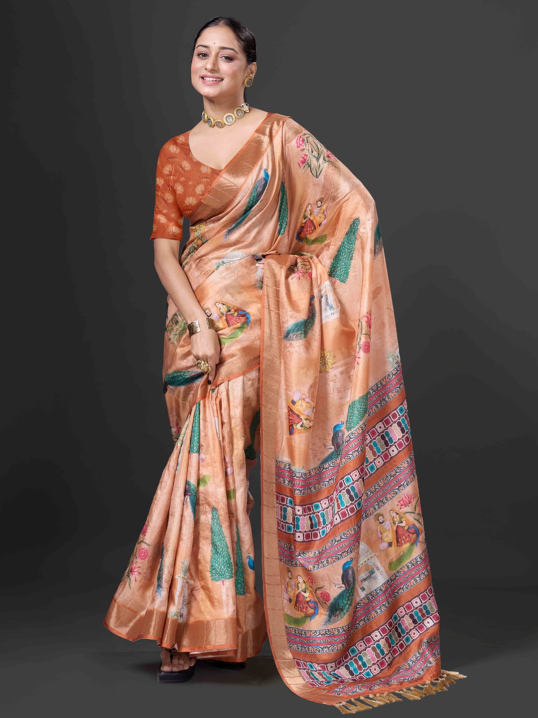 

HEER FASHION Ethnic Motifs Zari Silk Blend Saree, Orange