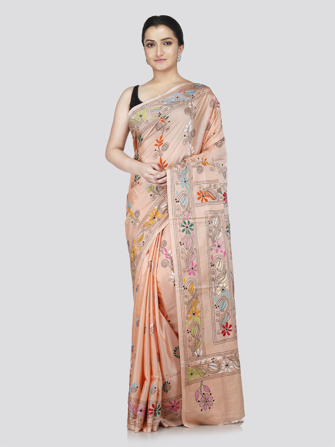 

PinkLoom Floral Kantha Work Pure Silk Saree, Peach
