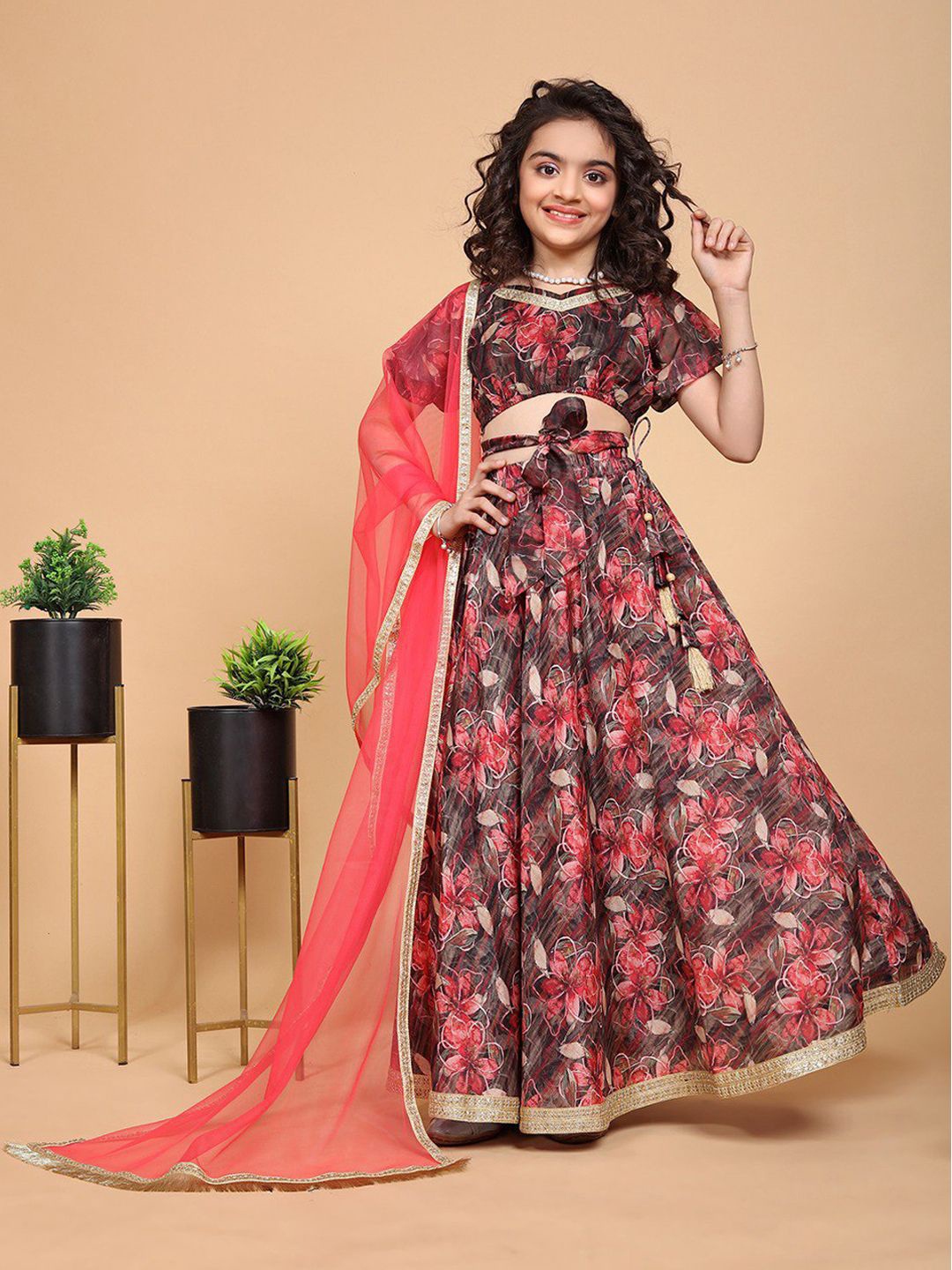 

Jogmaya Fashion Girls Floral Printed Ready to Wear Lehenga & Blouse With Dupatta, Red