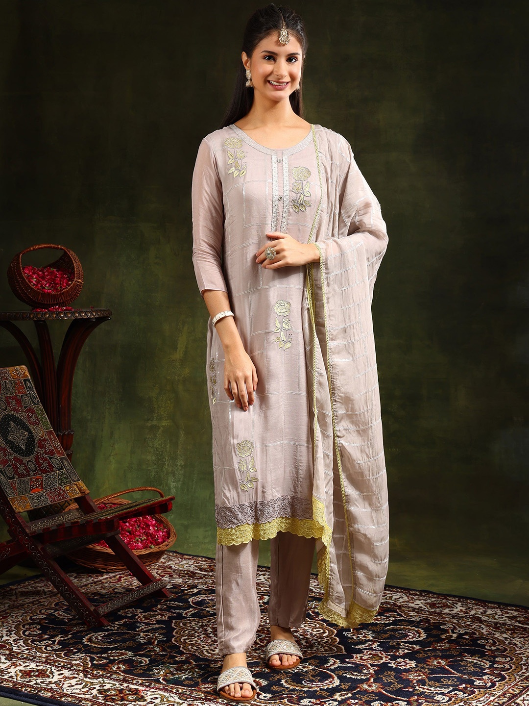 

Berrylicious Floral Embroidered Thread Work Straight Kurta With Trousers & Dupatta, Grey