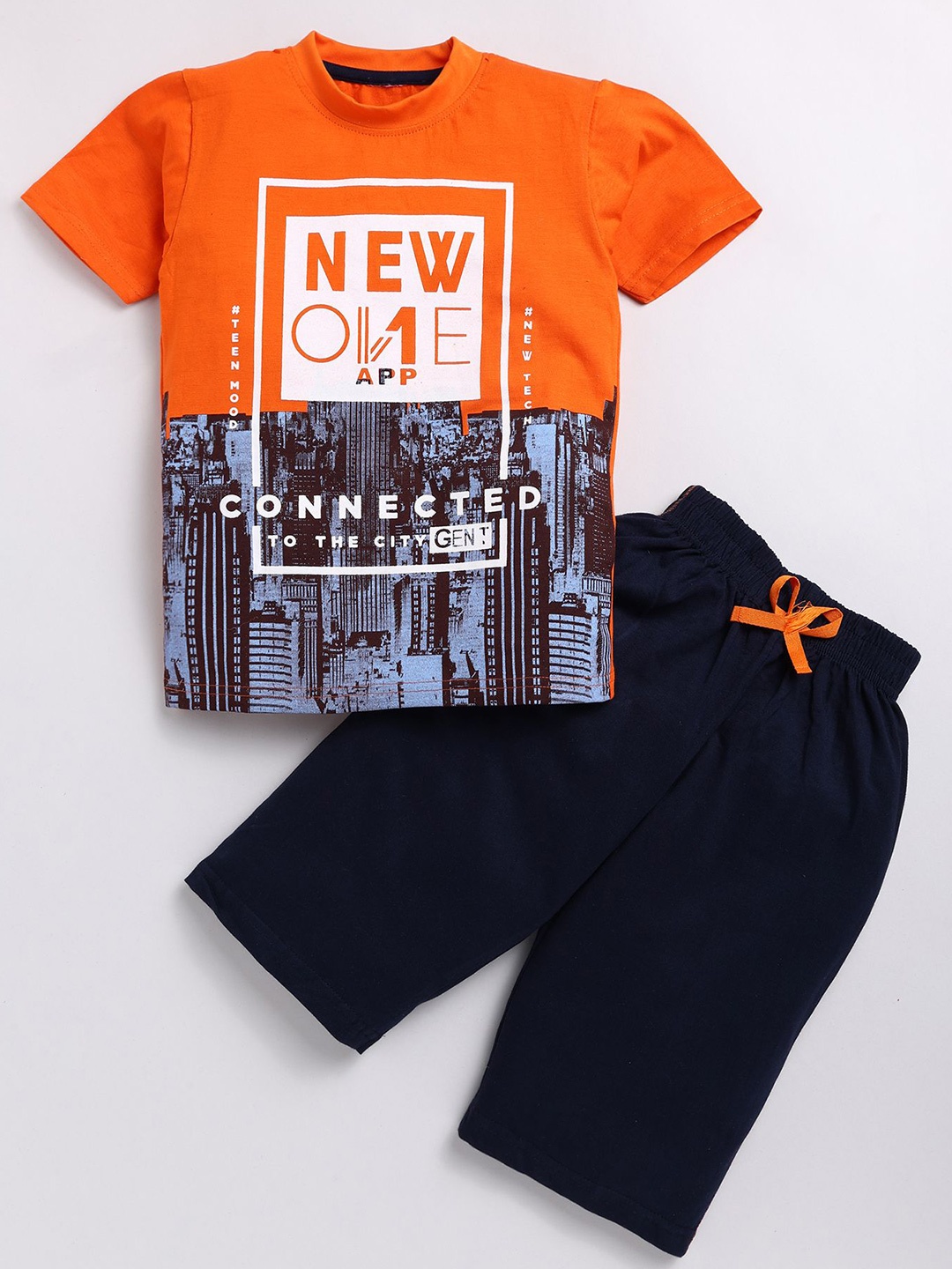

Zeal Boys Printed Round Neck Pure Cotton T-shirt with Shorts, Orange