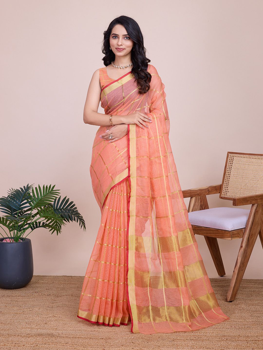 

Mitera Checked Zari Kota Doria Saree, Peach