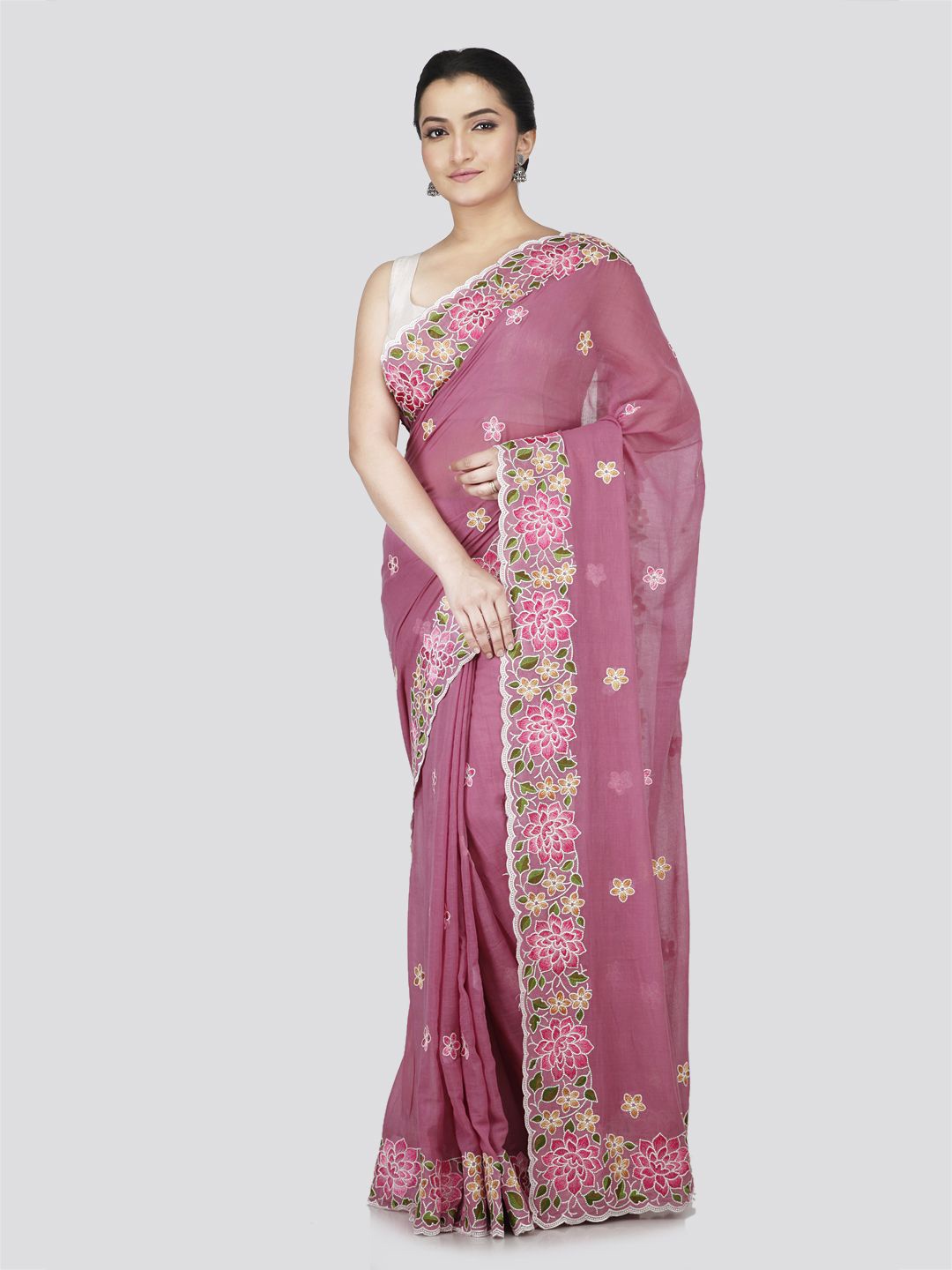 

PinkLoom Floral Embroidered Pure Cotton Saree, Pink